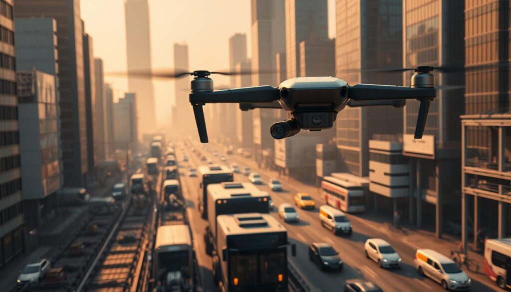A futuristic cityscape bathed in warm, hazy light. In the foreground, a sleek, autonomous drone autonomously navigates the urban landscape, its camera lens and sensors scanning the environment. In the middle ground, robotic arms assemble components on an assembly line with precision and speed, while autonomous vehicles seamlessly transport goods through the bustling streets. In the background, towering skyscrapers adorned with gleaming, reflective surfaces hint at the technological advancements that have transformed the city. The scene conveys a sense of efficiency, progress, and the integration of AI-driven automation into the fabric of everyday life.