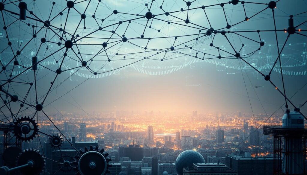 A vast, interconnected digital landscape of autonomous processes, sensors, and intelligent systems seamlessly coordinating to optimize resource allocation, energy efficiency, and task completion. In the foreground, a complex web of interconnected nodes and gears symbolize the intricate web of automation protocols, each component precisely calibrated to its role. The middle ground features a panoramic view of an intelligent infrastructure, with data streams and IoT devices communicating in real-time, adjusting to dynamic conditions. In the background, a cityscape bathed in a warm, futuristic glow, representing the integration of automation into the urban environment. Soft, directional lighting casts subtle shadows, emphasizing the depth and complexity of the scene. The overall mood is one of technological harmony, efficiency, and progress.