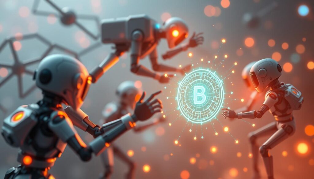 Generate an image representing agentic AI in action, with autonomous agents working together to achieve complex tasks.