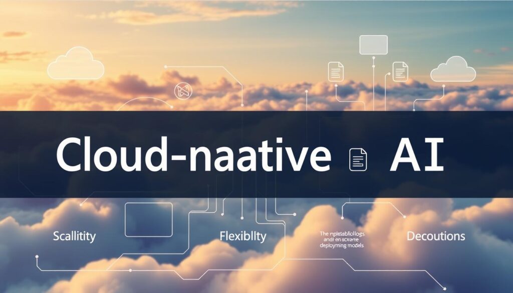 Generate an image representing cloud-native AI solutions, incorporating elements of scalability, flexibility, and hybrid deployment models.