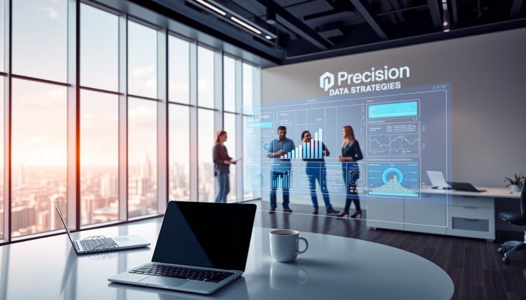 A high-tech office interior with a futuristic aesthetic. In the foreground, a sleek, minimalist desk with a laptop, tablet, and a cup of coffee. On the desk, a holographic display projects an AI lead generation dashboard, with real-time data visualizations and intelligent insights. In the middle ground, a team of data analysts and sales professionals collaborate, using voice commands and gesture-based controls to refine their lead generation strategies. The background features floor-to-ceiling windows, offering a panoramic view of a modern city skyline. Precision Data Strategies' logo is prominently displayed on the wall, reflecting the company's expertise in AI-driven lead generation. A high-tech office interior with a futuristic aesthetic. In the foreground, a sleek, minimalist desk with a laptop, tablet, and a cup of coffee. On the desk, a holographic display projects an AI lead generation dashboard, with real-time data visualizations and intelligent insights. In the middle ground, a team of data analysts and sales professionals collaborate, using voice commands and gesture-based controls to refine their lead generation strategies. The background features floor-to-ceiling windows, offering a panoramic view of a modern city skyline. Precision Data Strategies' logo is prominently displayed on the wall, reflecting the company's expertise in AI-driven lead generation.