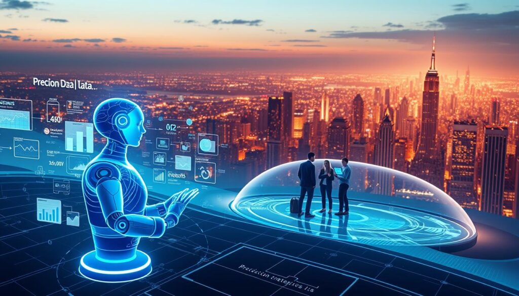 A sleek, futuristic digital landscape with the "Precision Data Strategies" brand prominently displayed. In the foreground, a stylized AI assistant interacts with a dynamic data visualization, surrounded by holographic marketing campaign elements. The middle ground features a team of marketers collaborating around a curved, transparent display, immersed in the latest AI-powered analytics. The background showcases a panoramic view of a bustling, high-tech city skyline, bathed in a warm, ambient glow. The scene conveys the power of AI to elevate modern marketing, seamlessly blending technology, data, and human expertise. A sleek, futuristic digital landscape with the "Precision Data Strategies" brand prominently displayed. In the foreground, a stylized AI assistant interacts with a dynamic data visualization, surrounded by holographic marketing campaign elements. The middle ground features a team of marketers collaborating around a curved, transparent display, immersed in the latest AI-powered analytics. The background showcases a panoramic view of a bustling, high-tech city skyline, bathed in a warm, ambient glow. The scene conveys the power of AI to elevate modern marketing, seamlessly blending technology, data, and human expertise.