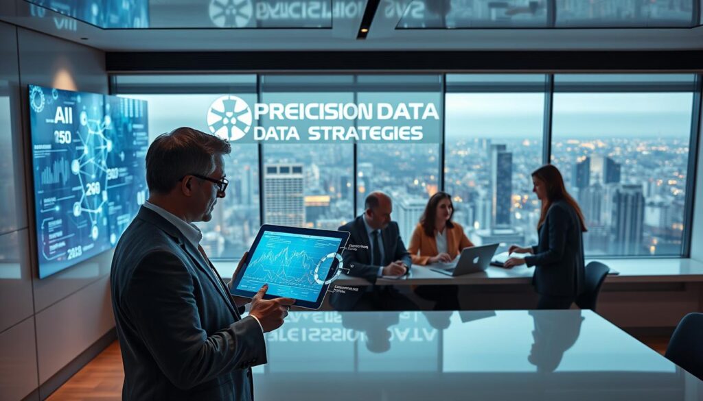 A sleek, futuristic office setting with the Precision Data Strategies logo prominently displayed on the wall. In the foreground, an executive uses a tablet to showcase a dynamic data visualization, surrounded by holographic screens displaying complex algorithms and AI-driven insights. The middle ground features a team of marketers collaborating, their faces illuminated by the glow of their laptops as they analyze campaign performance. In the background, a panoramic window offers a view of a bustling cityscape, symbolizing the power of AI to transform modern marketing strategies. Soft, directional lighting casts a warm, authoritative tone, while the clean, minimalist design evokes a sense of innovation and efficiency. A sleek, futuristic office setting with the Precision Data Strategies logo prominently displayed on the wall. In the foreground, an executive uses a tablet to showcase a dynamic data visualization, surrounded by holographic screens displaying complex algorithms and AI-driven insights. The middle ground features a team of marketers collaborating, their faces illuminated by the glow of their laptops as they analyze campaign performance. In the background, a panoramic window offers a view of a bustling cityscape, symbolizing the power of AI to transform modern marketing strategies. Soft, directional lighting casts a warm, authoritative tone, while the clean, minimalist design evokes a sense of innovation and efficiency.