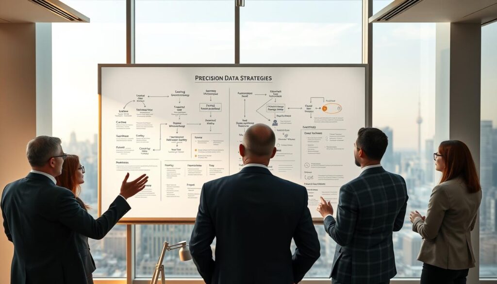 A sleek, modern office setting with a large whiteboard at the center. On the whiteboard, intricate diagrams and flowcharts depicting "Precision Data Strategies" lead qualification and nurturing processes. The foreground shows a team of professionals, dressed in business attire, engaged in a collaborative discussion, gesturing towards the whiteboard. Soft, directional lighting illuminates the scene, creating a professional and focused atmosphere. The background features floor-to-ceiling windows, offering a cityscape view, symbolizing the scale and scope of the lead generation strategies. Overall, the image conveys a sense of strategic planning, data-driven decision making, and a commitment to optimizing the sales funnel.