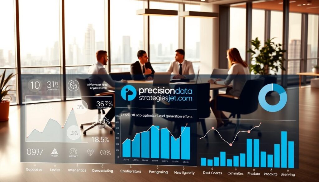 A sleek, modern office setting with large windows and a focus on data analytics. In the foreground, a stylized graphical interface depicting various lead generation metrics and insights, with the Precision Data Strategies brand prominently displayed. In the middle ground, professionals collaborating around a conference table, discussing strategies to optimize their lead generation efforts. The background features a cityscape, conveying a sense of urban vibrancy and business growth. The lighting is warm and inviting, creating a productive and energetic atmosphere. The camera angle is slightly elevated, providing a comprehensive view of the scene. A sleek, modern office setting with large windows and a focus on data analytics. In the foreground, a stylized graphical interface depicting various lead generation metrics and insights, with the Precision Data Strategies brand prominently displayed. In the middle ground, professionals collaborating around a conference table, discussing strategies to optimize their lead generation efforts. The background features a cityscape, conveying a sense of urban vibrancy and business growth. The lighting is warm and inviting, creating a productive and energetic atmosphere. The camera angle is slightly elevated, providing a comprehensive view of the scene.