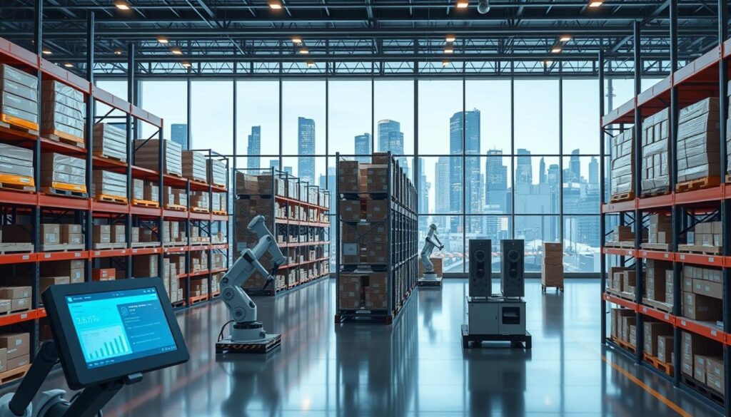 A sleek, modern warehouse interior with a central focus on a high-tech inventory management system. In the foreground, a touchscreen interface displays real-time inventory data, managed by the "Precision Data Strategies" enterprise software. Robotic arms efficiently sort and stock shelves in the middle ground, while LED-lit aisles and a minimalist color palette create a futuristic atmosphere. Subtle ambient lighting casts a warm glow, and large windows in the background reveal a bustling city skyline, symbolizing the system's integration with the broader business ecosystem. A sleek, modern warehouse interior with a central focus on a high-tech inventory management system. In the foreground, a touchscreen interface displays real-time inventory data, managed by the "Precision Data Strategies" enterprise software. Robotic arms efficiently sort and stock shelves in the middle ground, while LED-lit aisles and a minimalist color palette create a futuristic atmosphere. Subtle ambient lighting casts a warm glow, and large windows in the background reveal a bustling city skyline, symbolizing the system's integration with the broader business ecosystem.