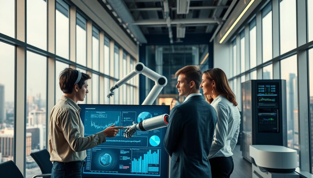 Prompt A sleek, modern office interior with floor-to-ceiling windows overlooking a vibrant cityscape. In the foreground, a team from the Precision Data Strategies agency gathers around a large touchscreen display, collaborating on an AI-powered lead generation automation system. The warm, soft lighting accentuates the focus and determination on their faces as they analyze data visualizations and discuss optimization strategies. In the middle ground, a robotic arm manipulates data points, seamlessly integrating the latest AI algorithms. The background showcases the technological prowess of the company, with servers and networking equipment subtly integrated into the minimalist decor. The overall atmosphere conveys a sense of innovation, efficiency, and the future of data-driven sales and marketing.