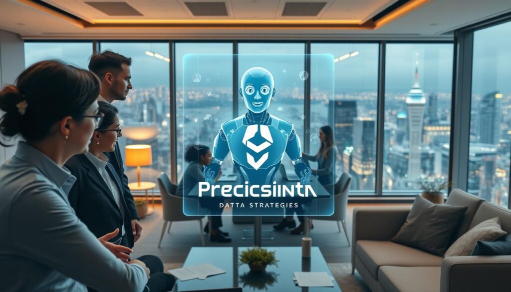 A professional business office setting, with sleek modern furniture and minimalist decor. In the foreground, a group of three employees interacting with a holographic AI-powered chatbot interface, its digital avatar hovering above a transparent touchscreen display. The chatbot's avatar appears lifelike, with expressive features and gestures. In the middle ground, other employees are collaborating around a conference table, laptops and documents spread out. The background features floor-to-ceiling windows overlooking a vibrant cityscape. Warm, diffused lighting casts a sophisticated ambiance. The Precision Data Strategies logo is prominently displayed.
