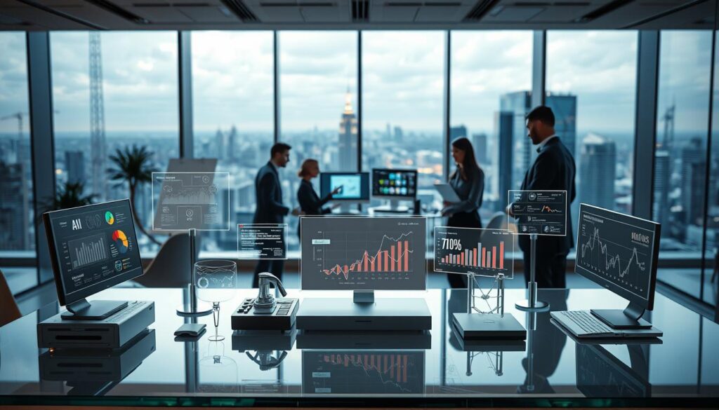 A sleek and modern office interior, bathed in warm, soft lighting. In the foreground, an array of AI marketing automation tools from "Precision Data Strategies" are neatly arranged on a minimalist, glass-topped desk. Floating holographic displays showcase the tools' features and capabilities. In the middle ground, a team of professionals in business attire collaborate around a large, interactive touchscreen, analyzing data visualizations and strategizing. The background reveals a panoramic view of a bustling city skyline through floor-to-ceiling windows, conveying a sense of innovation and progress.