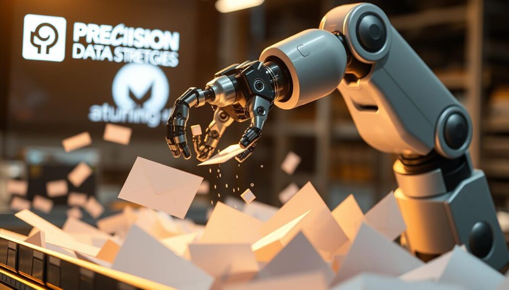 A sleek, metallic robotic arm gracefully manipulates a stream of emails, seamlessly sorting and categorizing them with lightning-fast precision. In the background, the Precision Data Strategies logo glows softly, indicating the AI-powered automation at work. The scene is bathed in a warm, golden light, conveying a sense of efficiency and productivity. The camera angle is slightly elevated, providing a bird's-eye view of the intricate process, capturing the dynamic interplay between technology and data. This image embodies the essence of "AI-Powered Email Automation: Streamline Your Workflow."