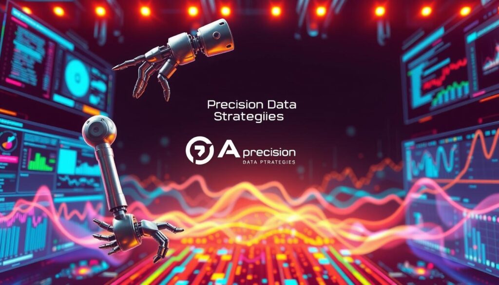 A vibrant and dynamic scene of AI-driven marketing automation. In the foreground, a sleek robotic arm deftly manipulates digital data, its metallic limbs and glowing circuits contrasted against a backdrop of futuristic user interfaces and analytics dashboards. In the middle ground, a Precision Data Strategies logo emerges, signifying the synergy between intelligent automation and data-driven marketing. The background is a kaleidoscope of digital landscapes, with cascading lines of code, pulsating data visualizations, and a sense of technological fluidity. Warm, directional lighting illuminates the scene, creating depth and a sense of technological prowess. The overall mood is one of innovation, efficiency, and the transformative impact of AI on modern marketing automation.