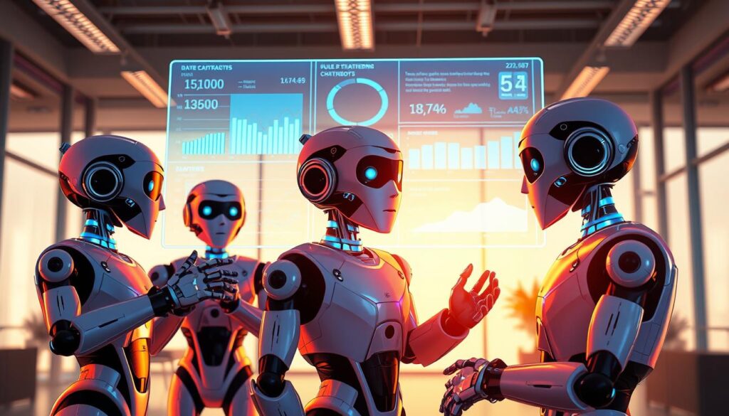 A vibrant, futuristic scene depicting AI-powered chatbots in action. In the foreground, a group of sleek, humanoid chatbots engage in dynamic conversations, their expressive faces and gestures conveying a sense of intelligence and responsiveness. In the middle ground, a large, holographic display showcases key metrics and analytics, providing valuable insights to the business owners. The background features a modern, minimalist office setting, with floor-to-ceiling windows bathed in warm, diffused lighting. The overall atmosphere exudes a sense of innovation, efficiency, and the seamless integration of Precision Data Strategies' cutting-edge AI technology into the business workflow.