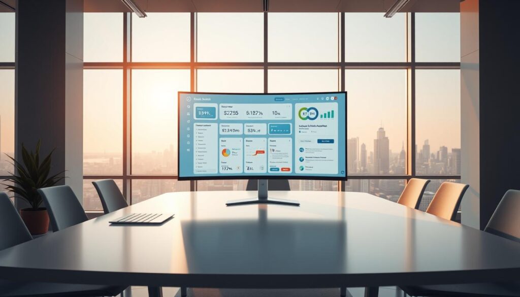 Precision Data Strategies - A sleek, minimalist office workspace with a futuristic email automation software interface displayed on a large curved monitor. Warm, natural lighting streams through floor-to-ceiling windows, casting a soft glow on the clean, white surfaces. The software's dashboard showcases intuitive workflow automation tools, data analytics, and AI-powered personalization features. In the background, a city skyline can be seen through the windows, hinting at the software's ability to streamline and scale email marketing campaigns for modern businesses.