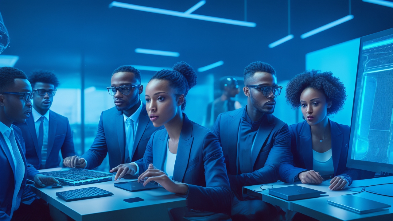 A dynamic, cinematic editorial photograph of a diverse team of tech entrepreneurs collaborating intensely around futuristic holographic AI interfaces and sleek computer screens in a modern startup workspace, illuminated by cool blue and neon lighting symbolizing advanced, autonomous AI automation shaping the future of innovation.
