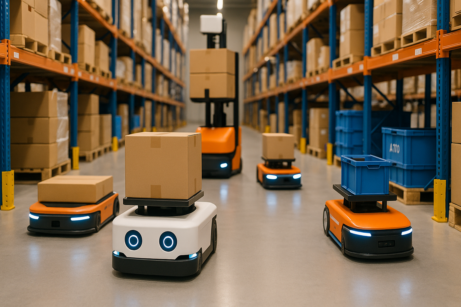 An array of autonomous mobile robots (AMRs) and automated guided vehicles (AGVs) smoothly navigating warehouse aisles, demonstrating smart vehicles transporting goods efficiently.