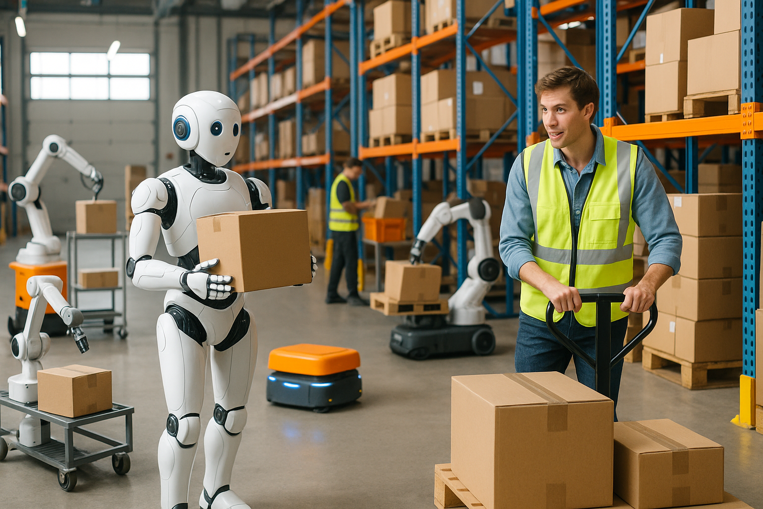 A modern warehouse interior showing a variety of robots and cobots working together alongside human workers, illustrating the collaboration and advanced automation in 2024 warehouses.