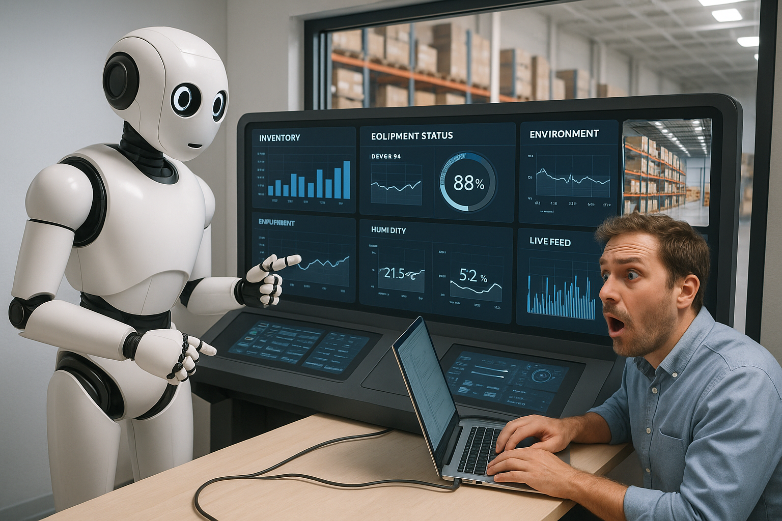 A futuristic control room or dashboard displaying real-time data streams from IoT devices monitoring inventory, equipment health, and environmental conditions in a warehouse setting.