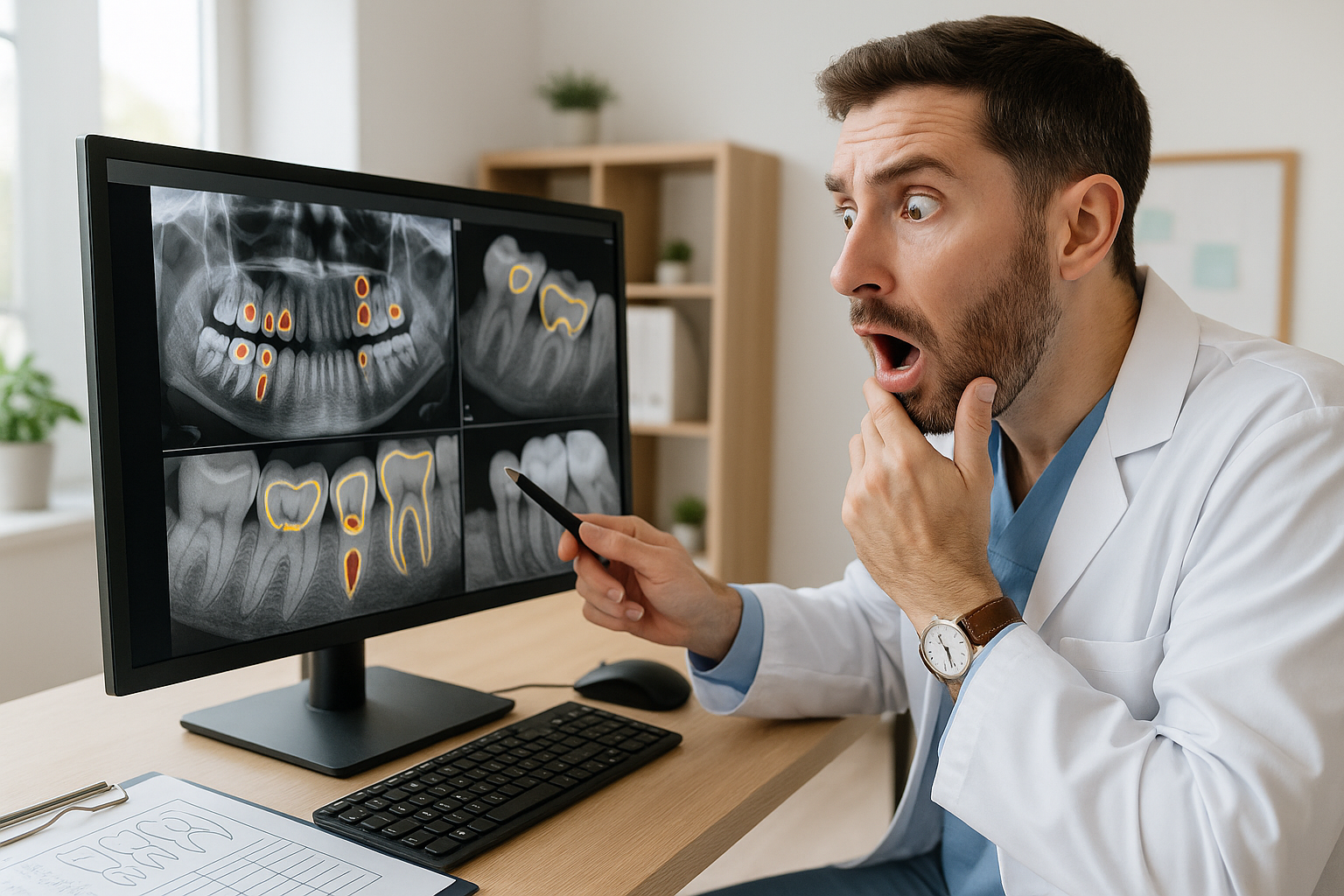 An image depicting AI-powered diagnostic imaging in dentistry, showing a dentist analyzing digital X-rays or CT scans with AI highlights identifying cavities and dental issues.