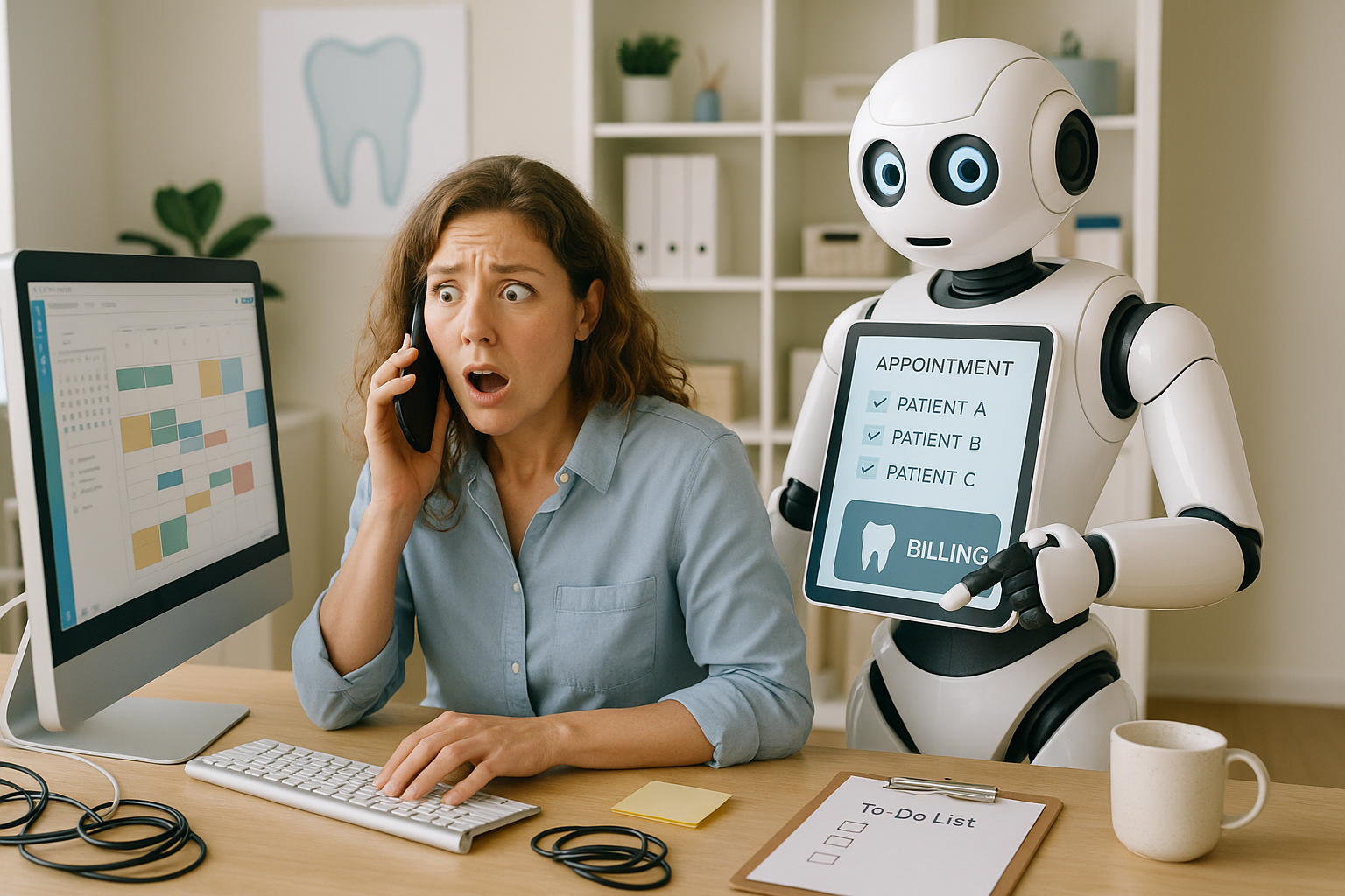 A scene showing AI-driven dental practice management automation, highlighting a virtual receptionist interacting with patients via a computer or phone, managing appointments and billing efficiently.