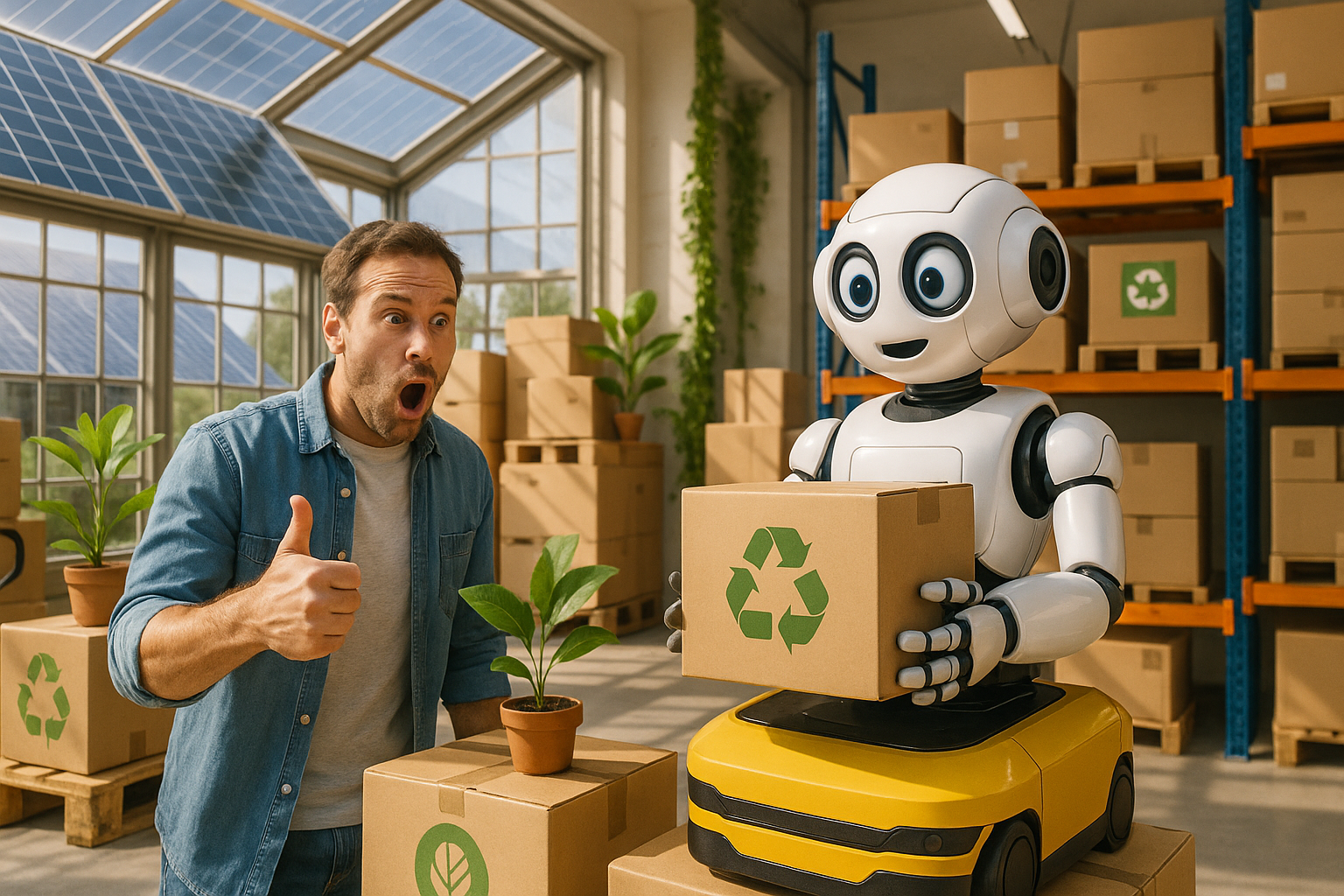 A visual representation of sustainable warehouse practices such as solar-powered robots, eco-friendly packaging, and green building features highlighting the environmental initiatives in warehouse automation.